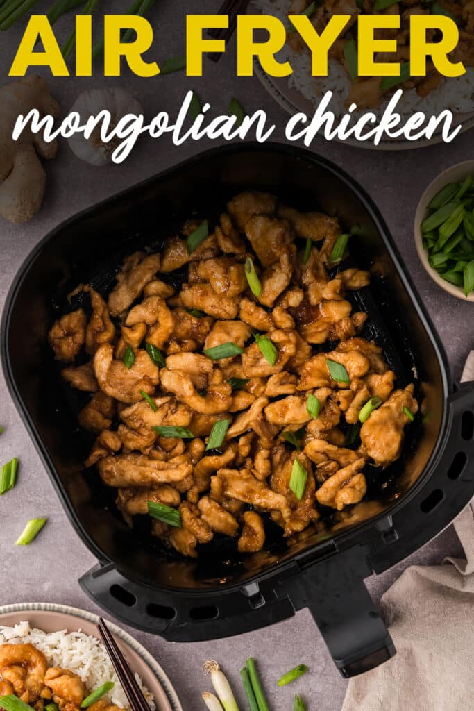 An air fryer basket full of mongolian chicken.