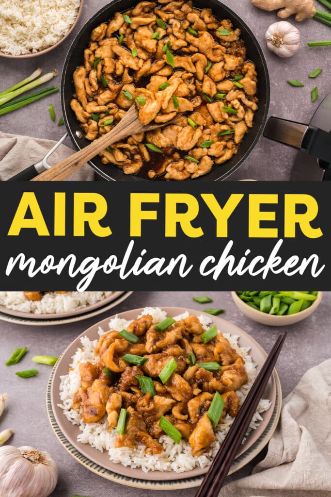 Collage of mongolian chicken in a black bowl and of mongolian chicken served on a plate with rice.
