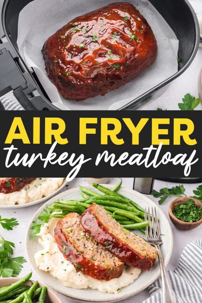 A collage of cooked turkey meatloaf. The top picture in an air fryer and the bottom pictuer served on a plate.
