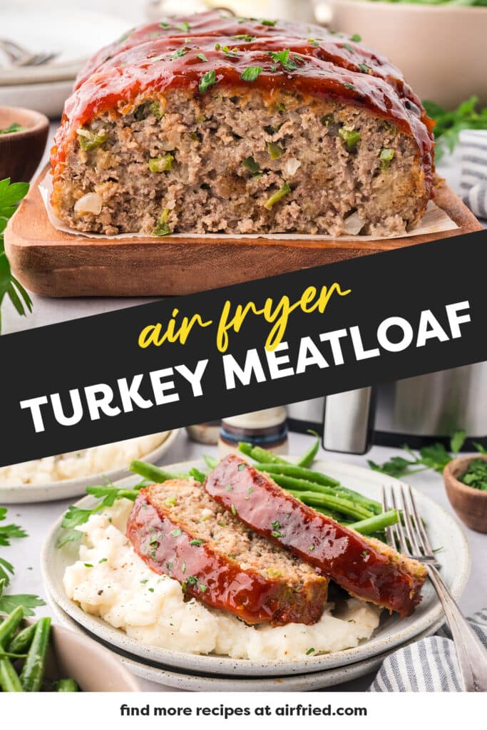 Collage of air fryer turkey meatloaf being served.